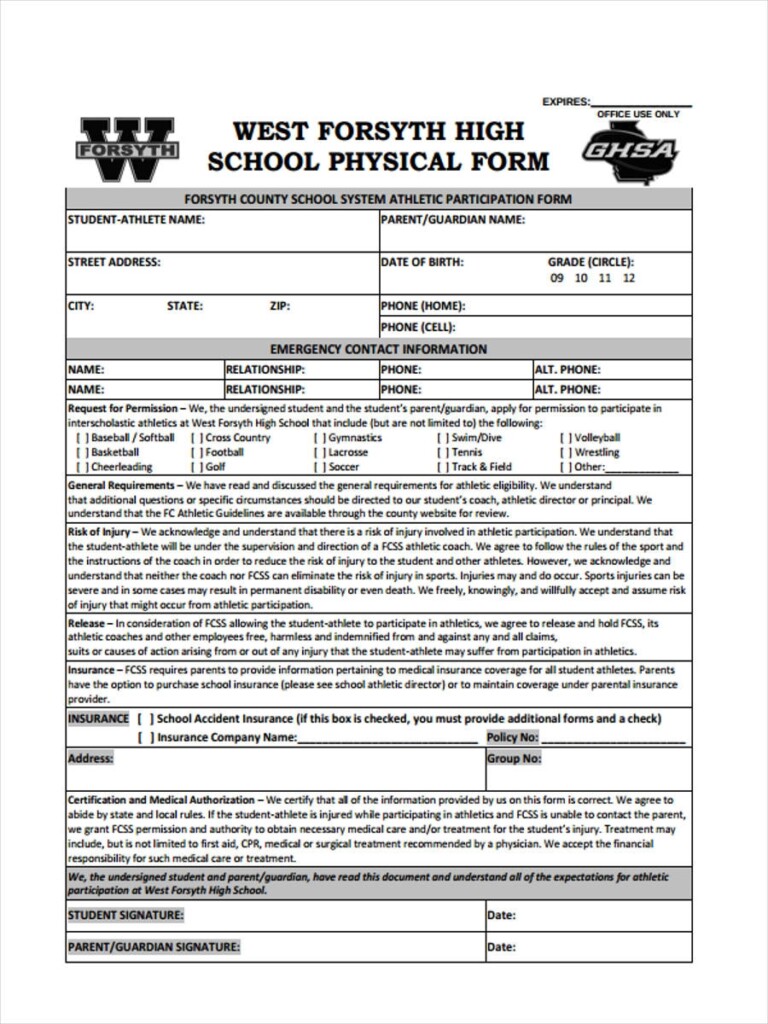School Physical Form Pdf Printable Forms Free Online