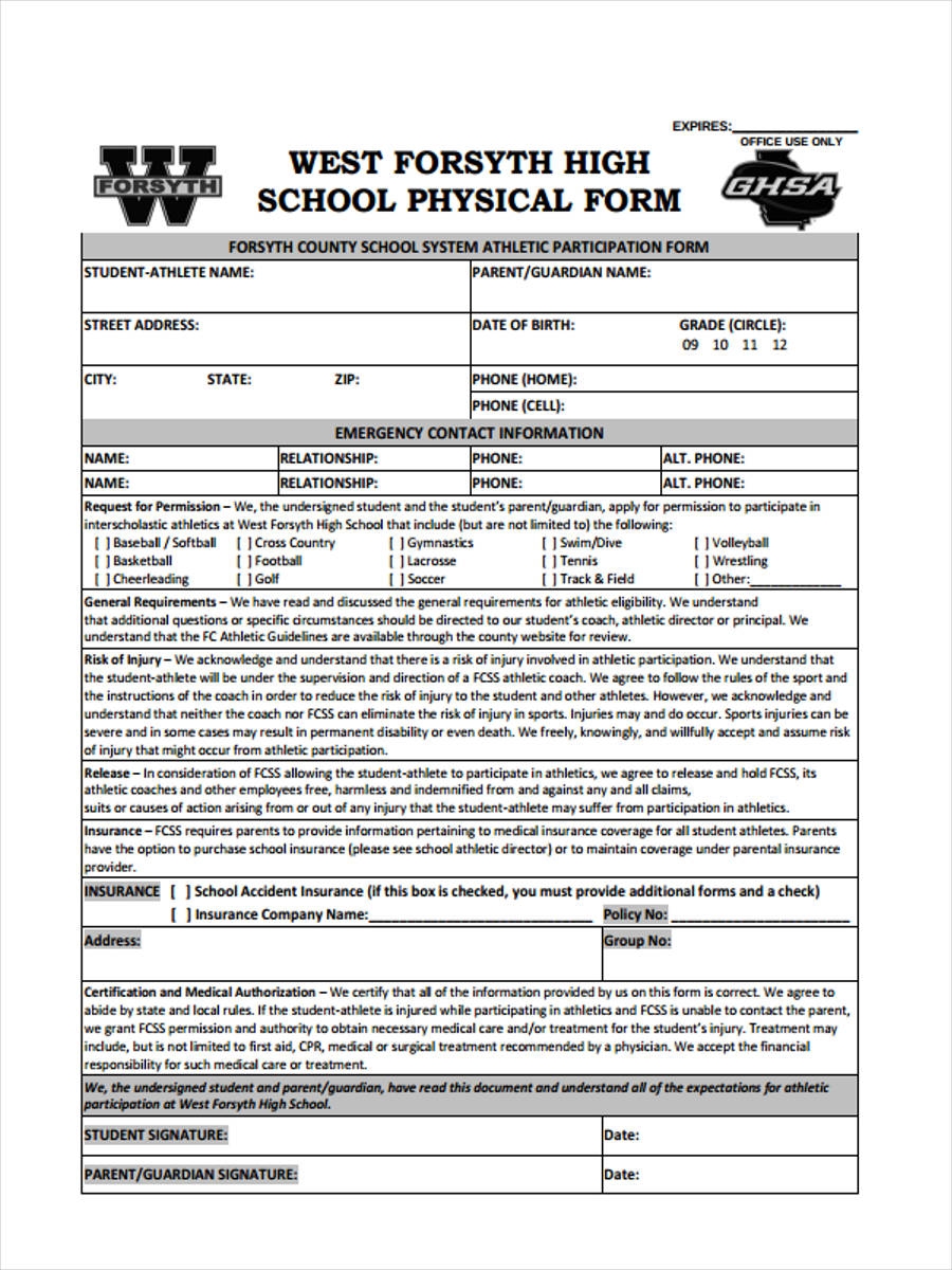 School Physical Form Pdf Printable Forms Free Online