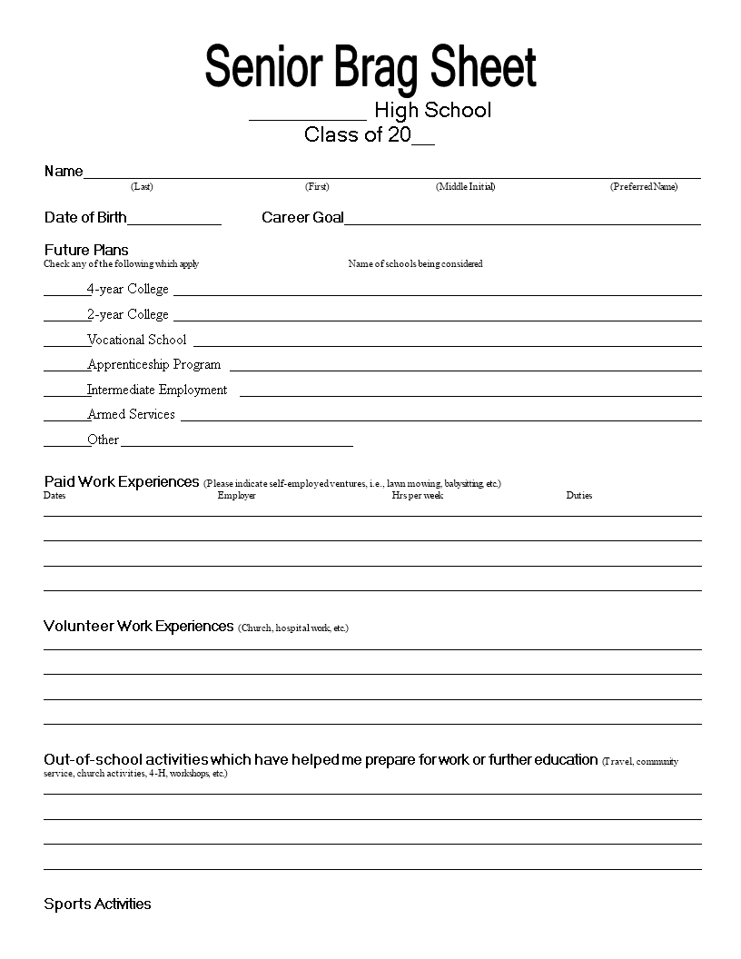 Senior Brag Common Core Sheet Senior Brag Common Core Sheet High