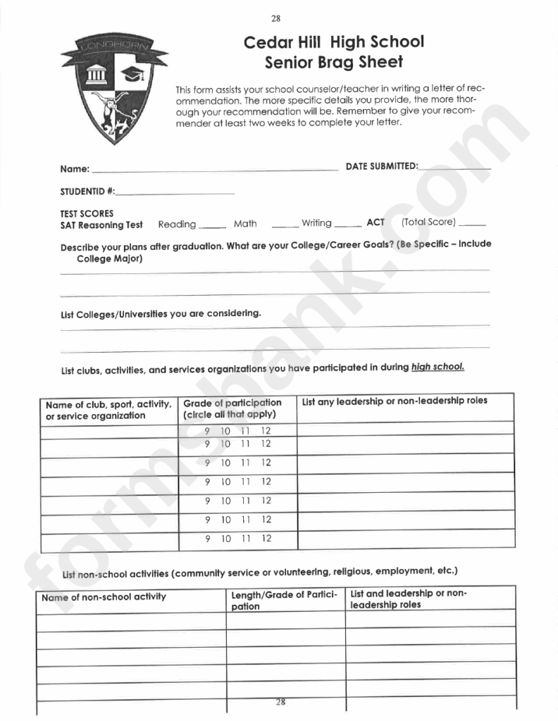 Senior Brag Sheet Printable Pdf Download