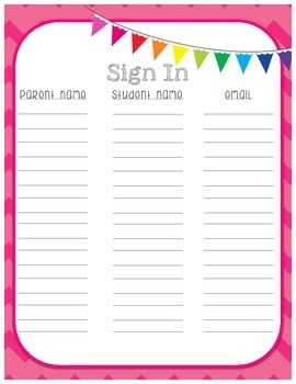Sign In Sheet For Open House Back To School Night Or Parent Night in 