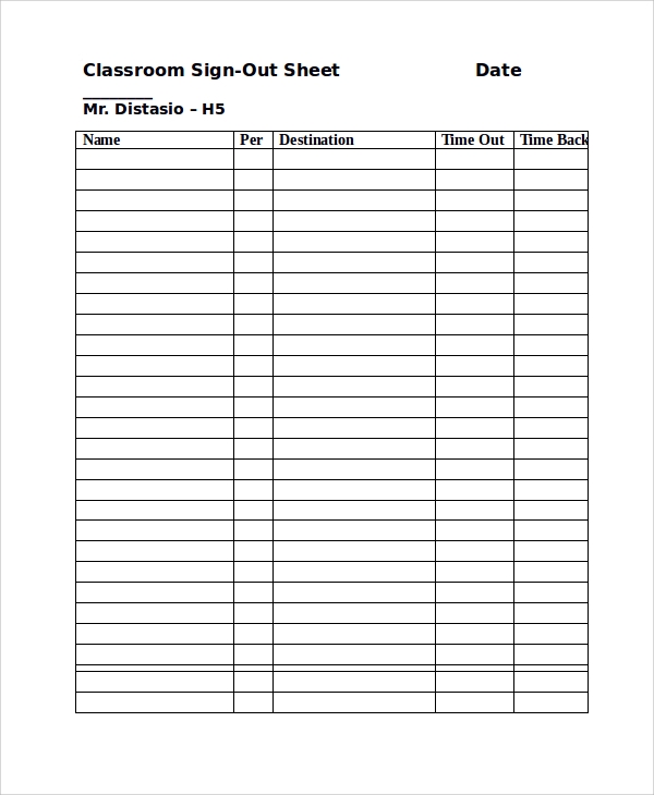 Sign Out Sheet Printable
