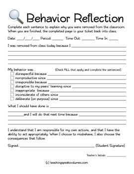 Student Behavior Reflection Form By Teaching Speaks Volumes TpT