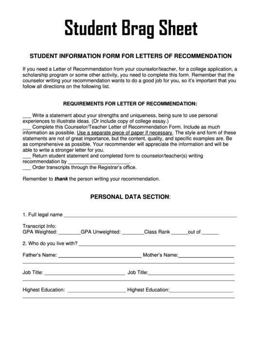 Student Brag Sheet Template