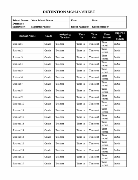Student Detention Sign in Sheet