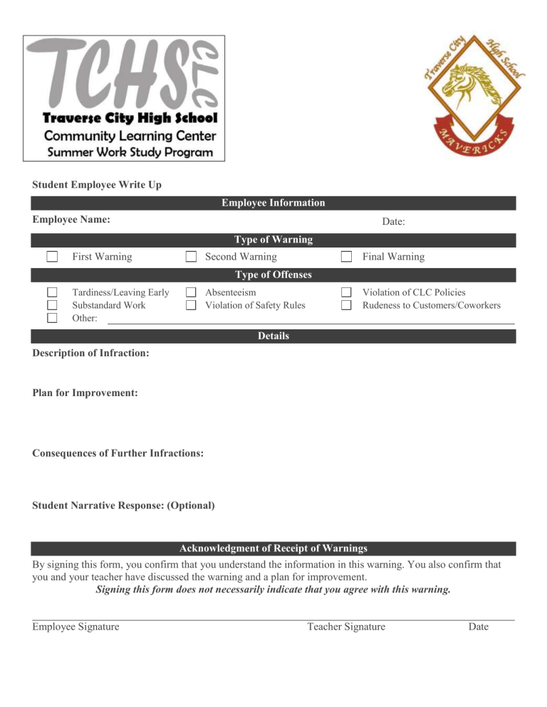 Student Employee Write Up Form High School