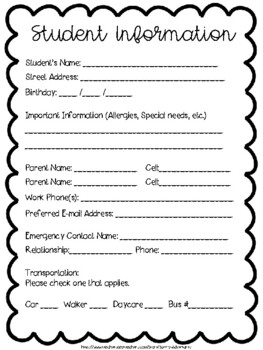 Student Information Sheet Back To School Meet The Teacher Night 