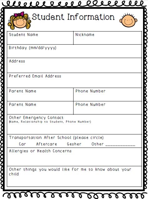 Student Information Sheet Editable Student Information Sheet 