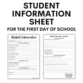 Student Information Sheet First Day Of School Info Sheet By Angela 