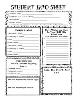 Student Information Sheet For Meet The Teacher Night By Third Grade 