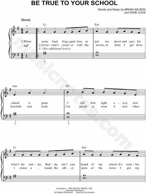 The Beach Boys quot Be True To Your School quot Sheet Music Easy Piano In G 