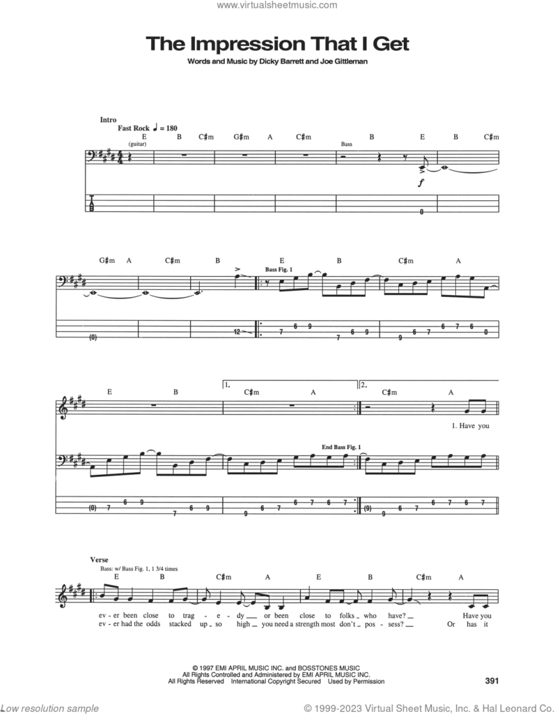 The Impression That I Get Sheet Music For Bass tablature bass Guitar 