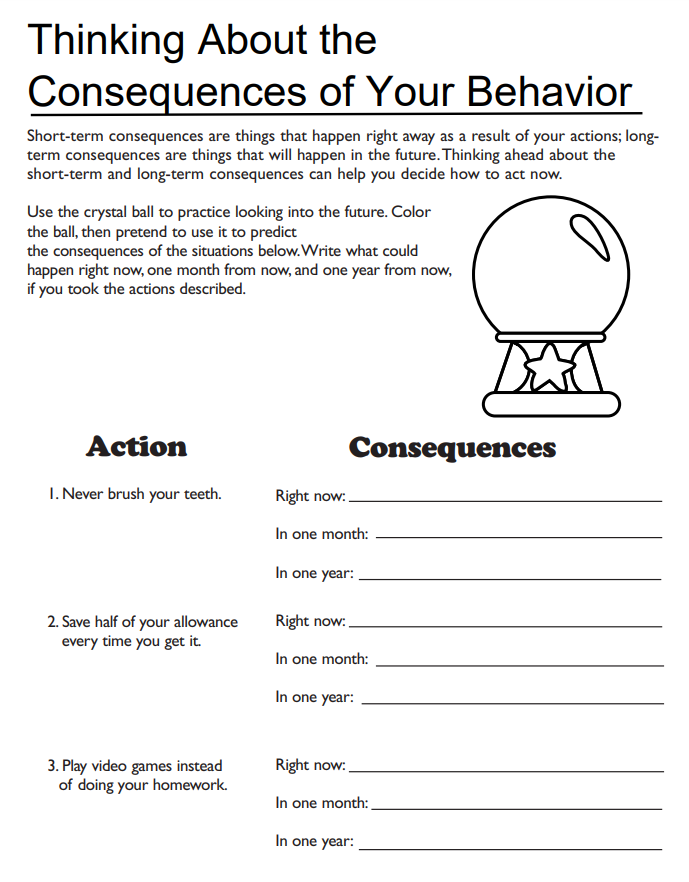 Thinking About The Consequences Of Your Behavior Worksheet children 