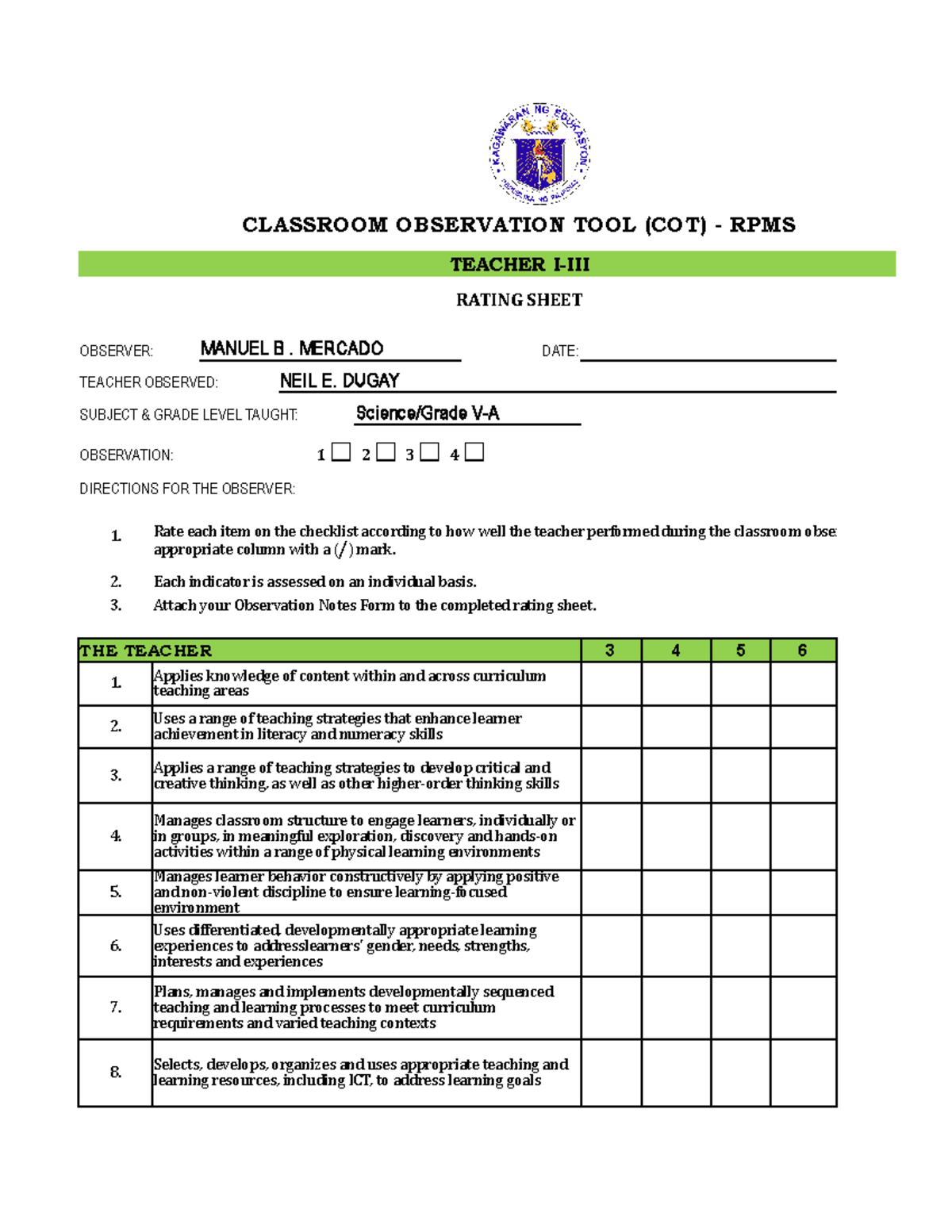 Toaz Rating Sheet For COT IPCRF RPMS SY 2021 2022 CLASSROOM