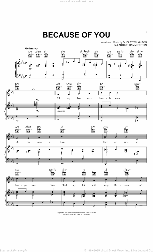 Tony Bennett Because Of You Sheet Music For Voice Piano Or Guitar