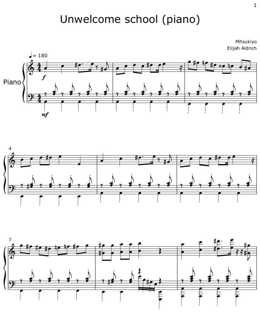Unwelcome School piano Sheet Music For Piano