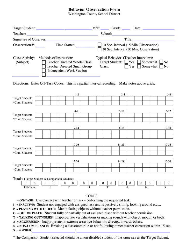 WA School District Behavior Observation Form Fill And Sign Printable 