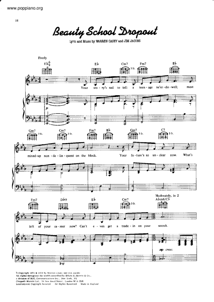 Warren Casey Beauty School Dropout From Grease Sheet Music Pdf 