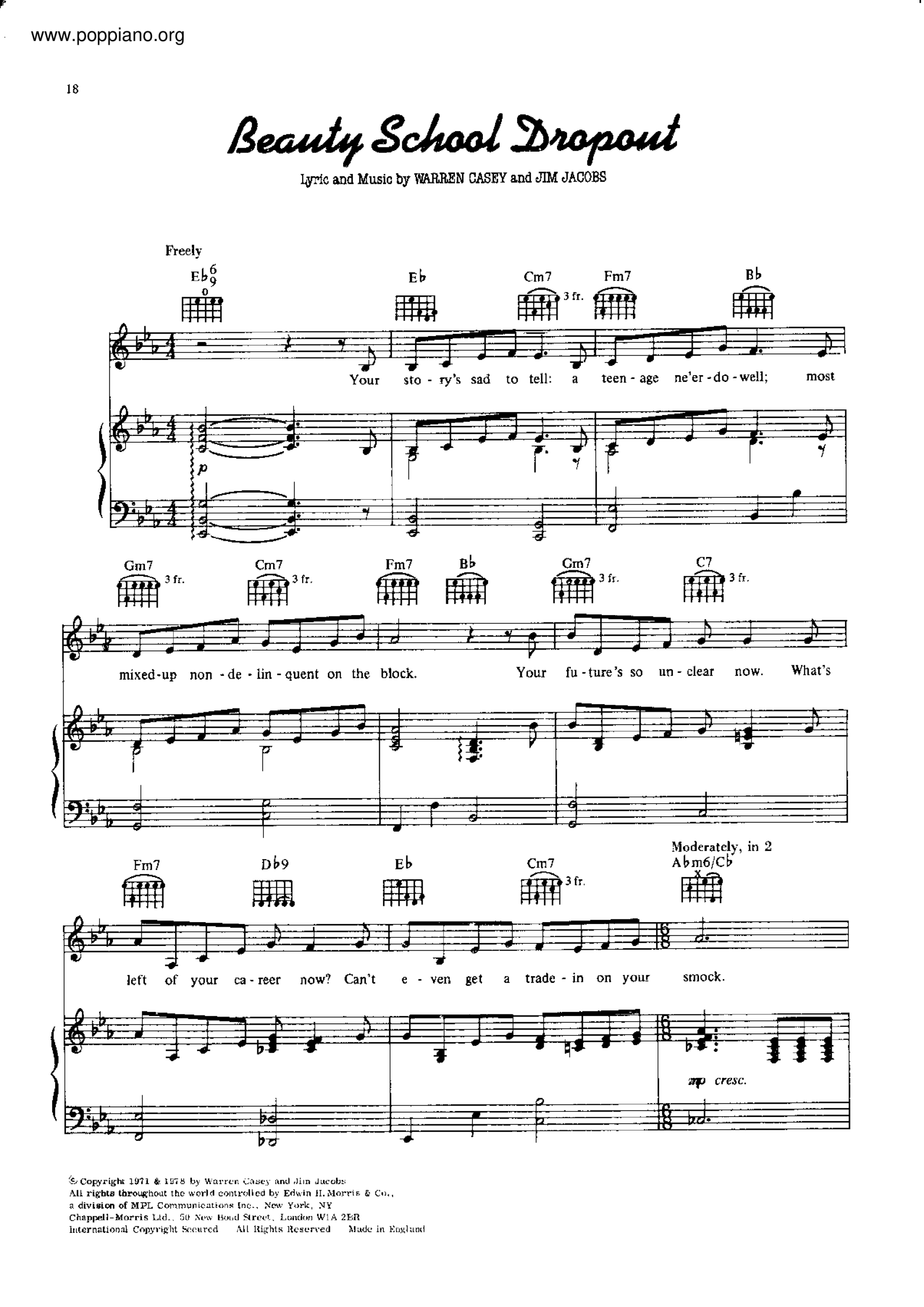 Warren Casey Beauty School Dropout From Grease Sheet Music Pdf