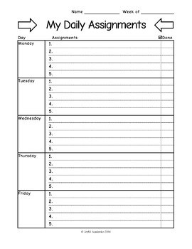 Weekly Assignment Sheet By Joyful Academics Teachers Pay Teachers