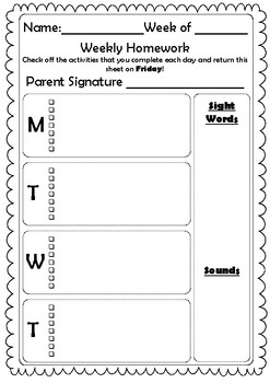 Weekly Homework Sheet English PDF By Inspire Teach Repeat TpT