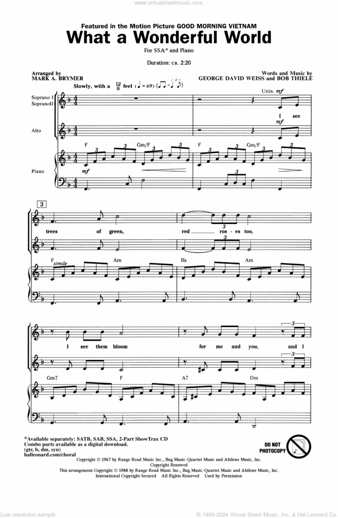 Weiss What A Wonderful World Sheet Music For Choir SSA Soprano Alto 