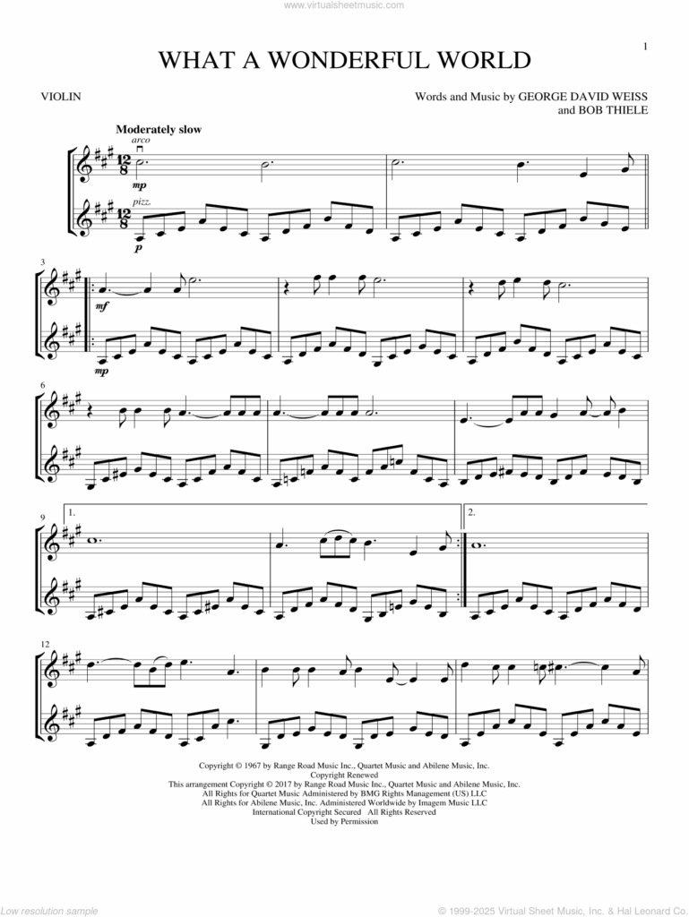 What A Wonderful World Sheet Music For Two Violins duets Violin Duets 