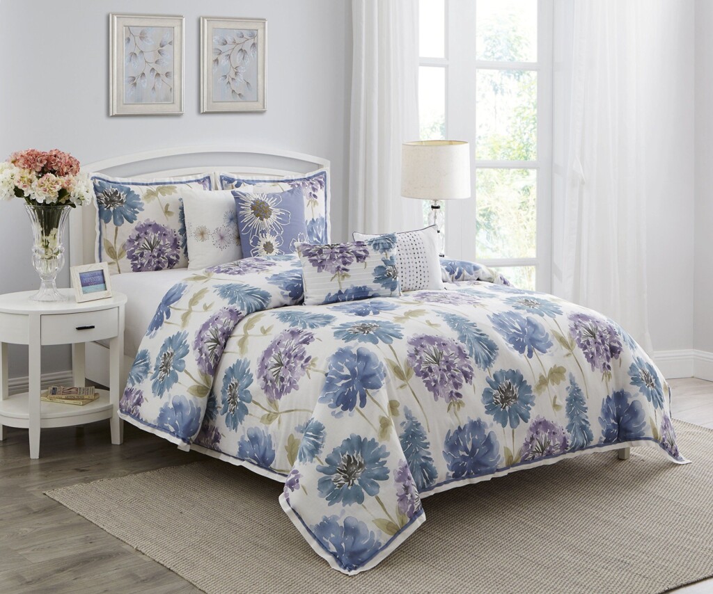 Wonder Home 7Piece Monterey Floral Cotton Comforter Set Blue Violet 