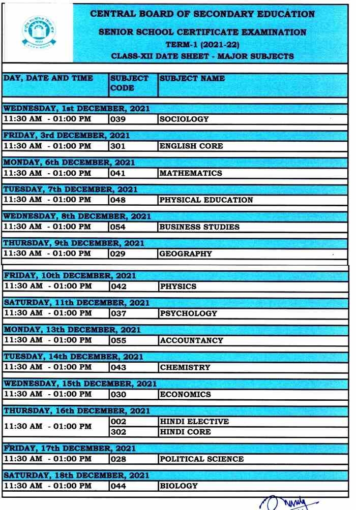 XII X Term 1 PDF 2021 22 CBSE Date Sheet CBSE Board Exam 2022 Date